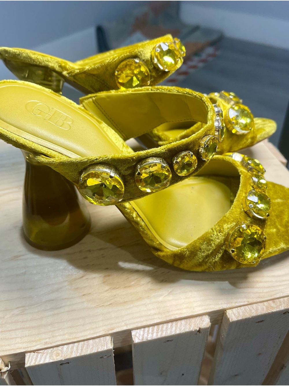 Gianni Bini Green Jeweled Velvet Slide Heels - Picture 3 of 6